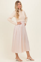 Light Beige Knit Contrast Top Satin Midi Dress