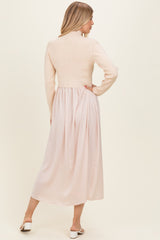 Light Beige Knit Contrast Top Satin Midi Dress