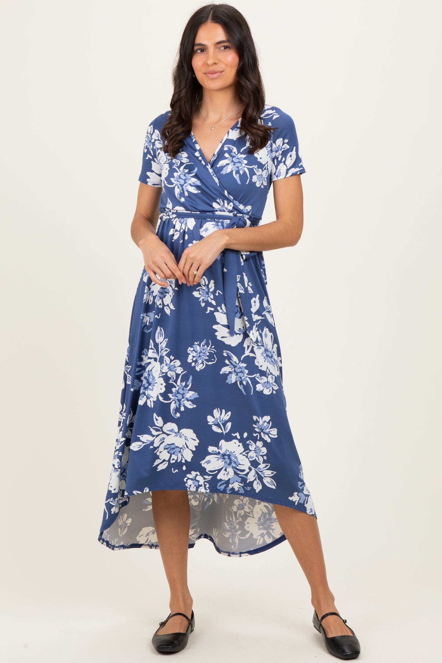 Denim Blue Floral Print Short Sleeve Hi-Low Wrap Dress