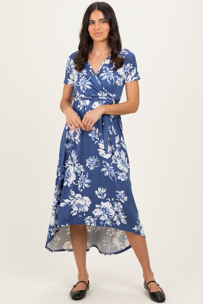 Denim Blue Floral Print Short Sleeve Hi-Low Maternity Wrap Dress