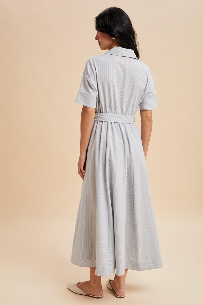 Light Blue Striped Cotton Button Down Maxi Dress