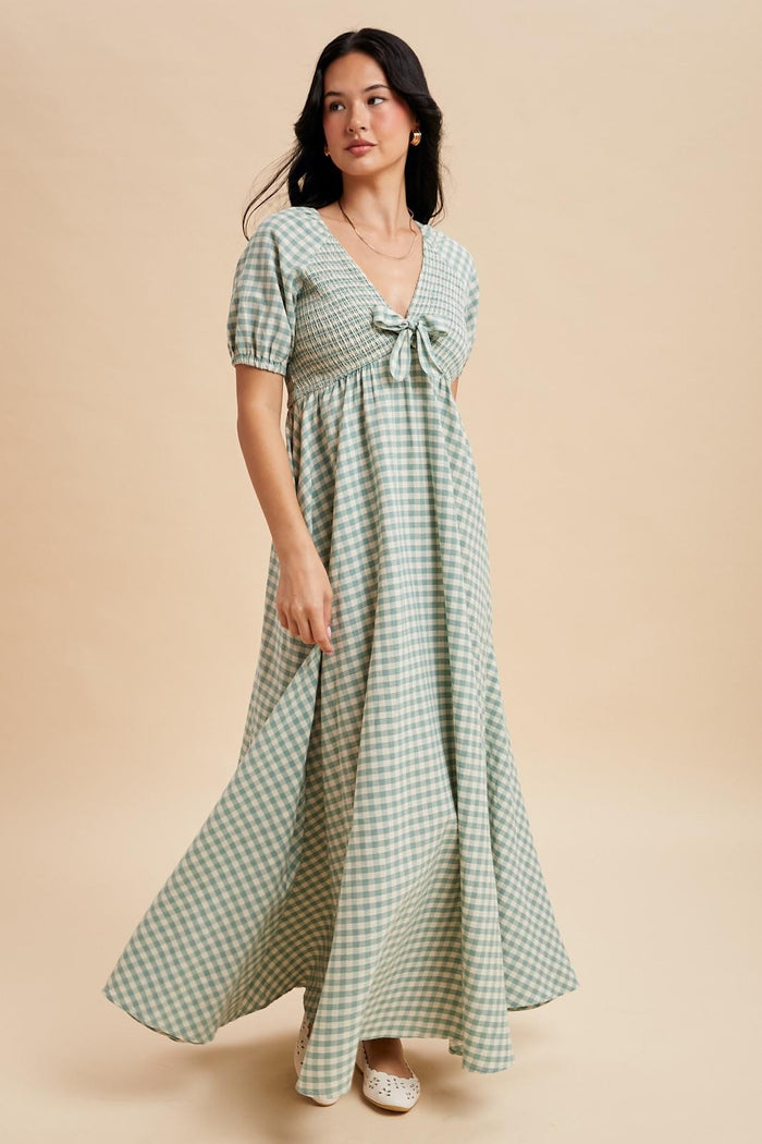 Mint Smocked Gingham Maxi Dress