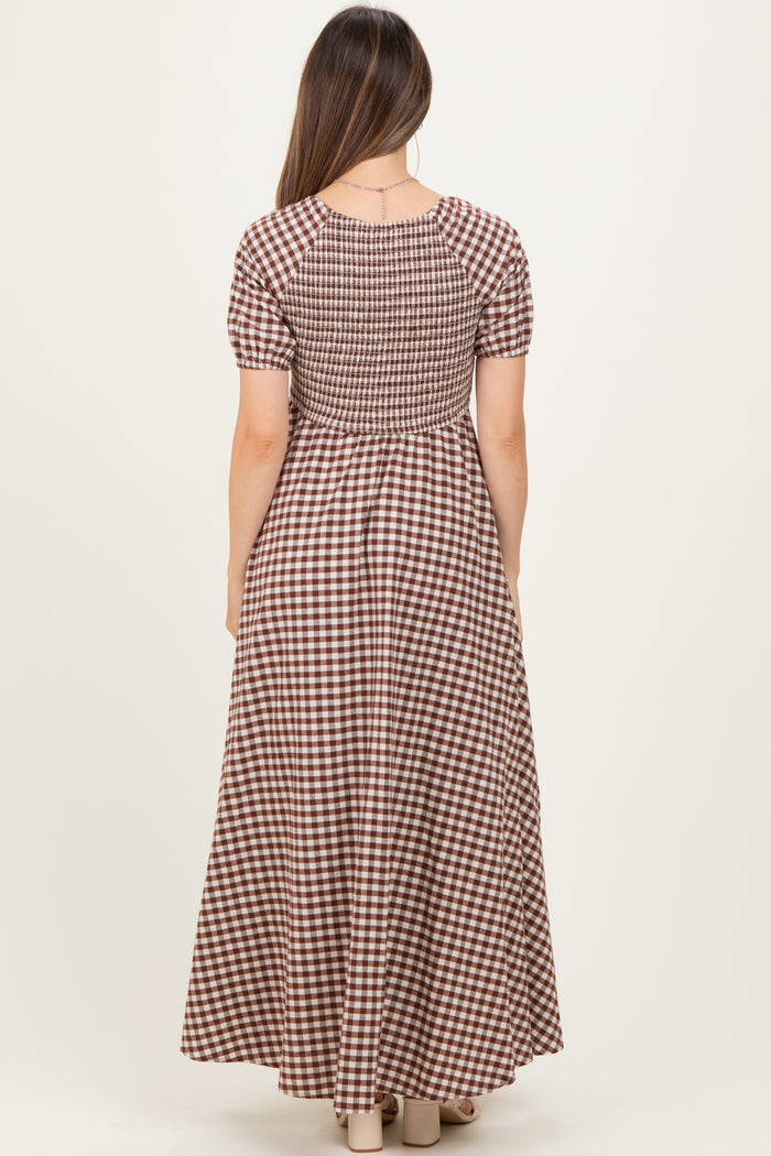 Mocha Smocked Gingham Maternity Maxi Dress