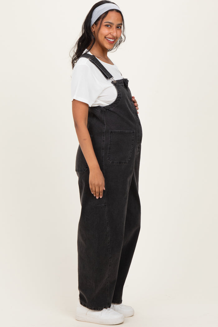 Black Washed Denim Maternity Overalls