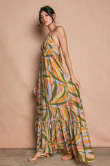 Multicolor Print Halter Cutout Tie Back Maxi Dress