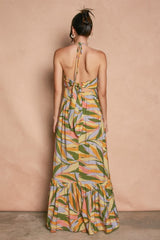 Multicolor Print Halter Cutout Tie Back Maxi Dress