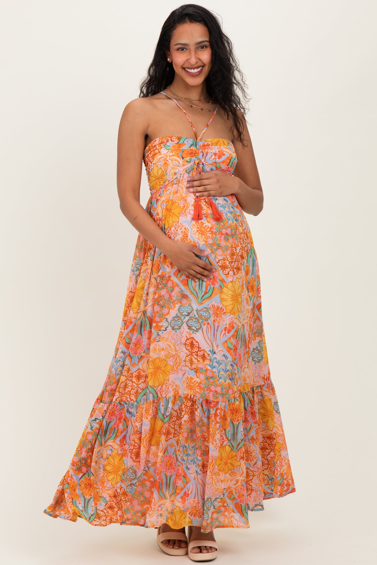 Multicolor Floral Halter Crisscross Back Maternity Maxi Dress