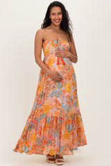 Multicolor Floral Halter Crisscross Back Maternity Maxi Dress