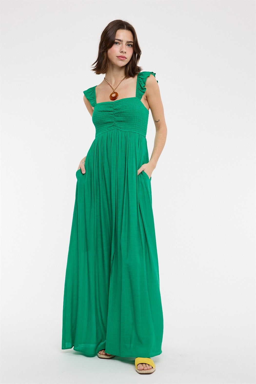 Green Cinched Smocked Bust Sleeveless Maternity Maxi Dress