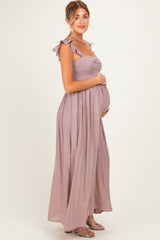 Mauve Cinched Smocked Bust Sleeveless Maternity Maxi Dress
