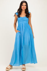 Blue Cinched Smocked Bust Sleeveless Maxi Dress