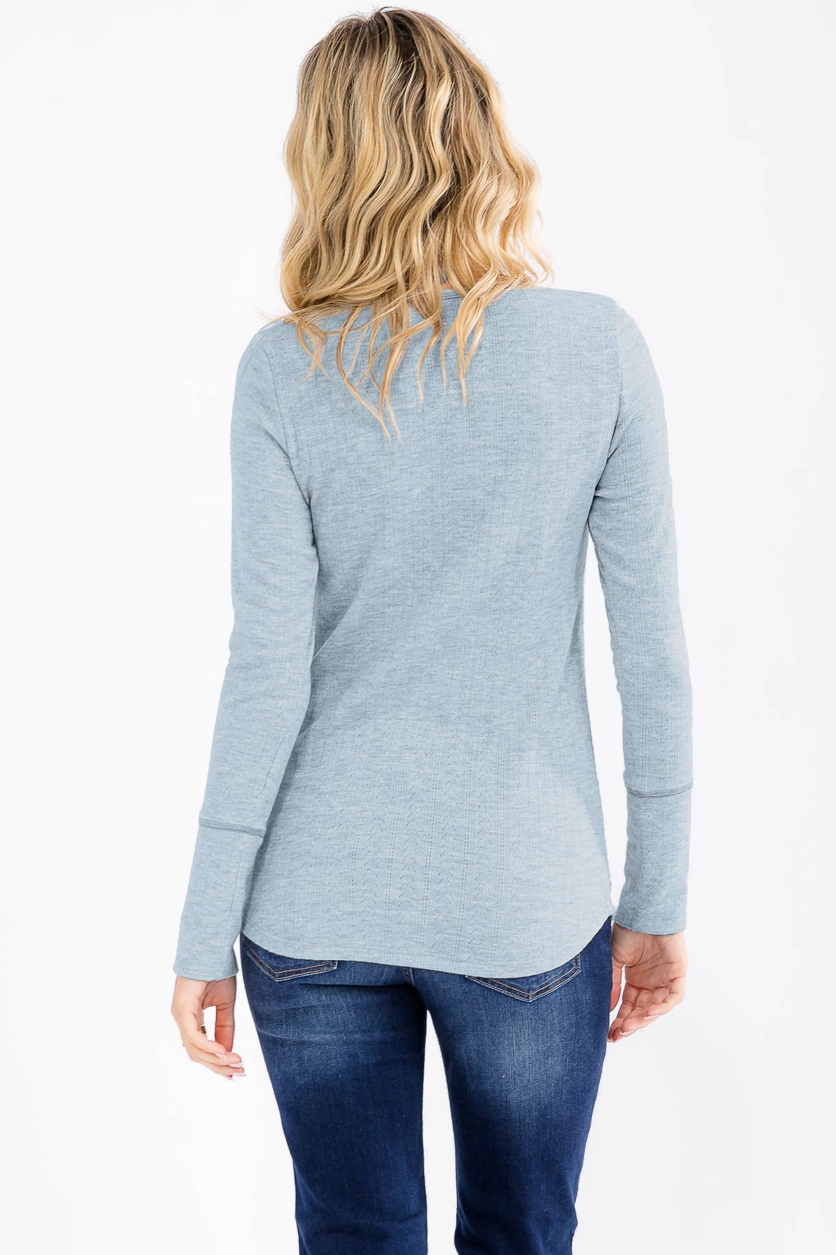 Light Blue Pointelle Knit Henley Top