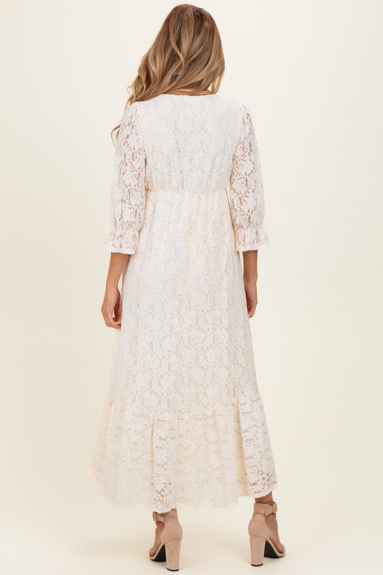 Ivory Floral Lace 3/4 Ruffle Sleeve V-Neck Maternity Maxi Dress