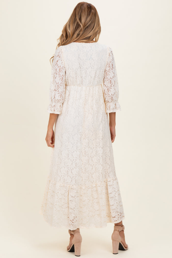 Ivory Floral Lace 3/4 Ruffle Sleeve V-Neck Maternity Maxi Dress