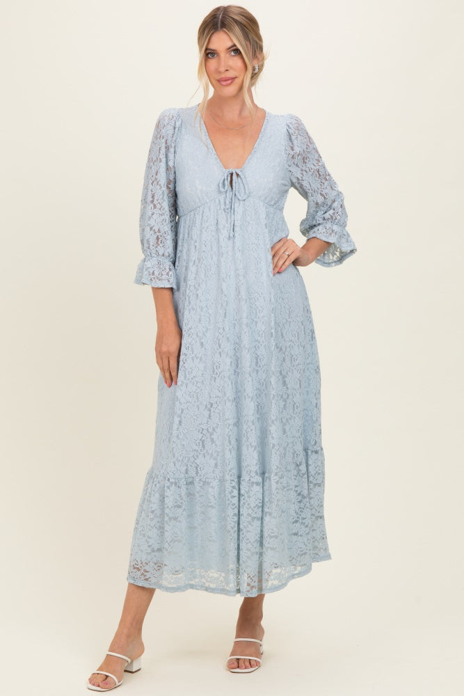 Light Blue Floral Lace 3/4 Ruffle Sleeve V-Neck Maxi Dress