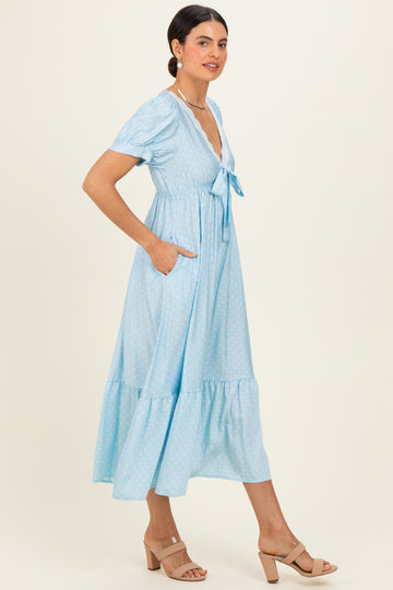 Light Blue Polka Dot Short Sleeve Lace V-Neck Ruffle Hem Maxi Dress