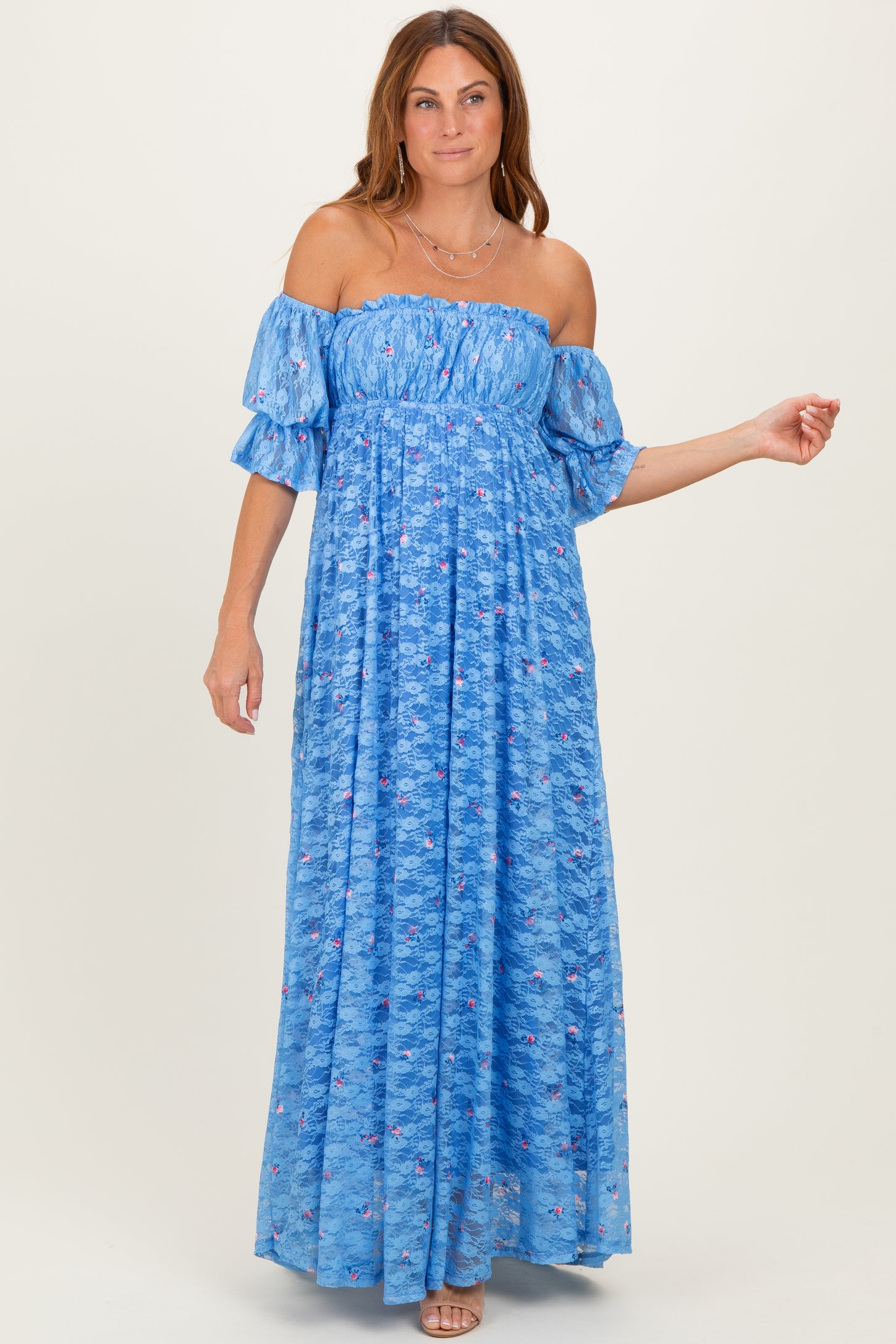 Blue Floral Lace Off Shoulder Ruffe Sleeve Maxi Dress