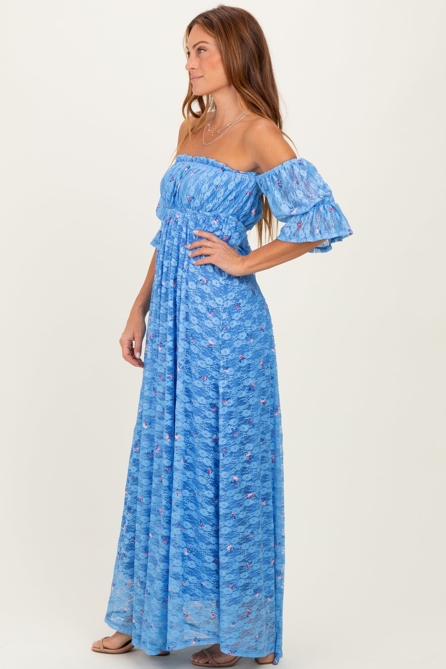Blue Floral Lace Off Shoulder Ruffe Sleeve Maxi Dress