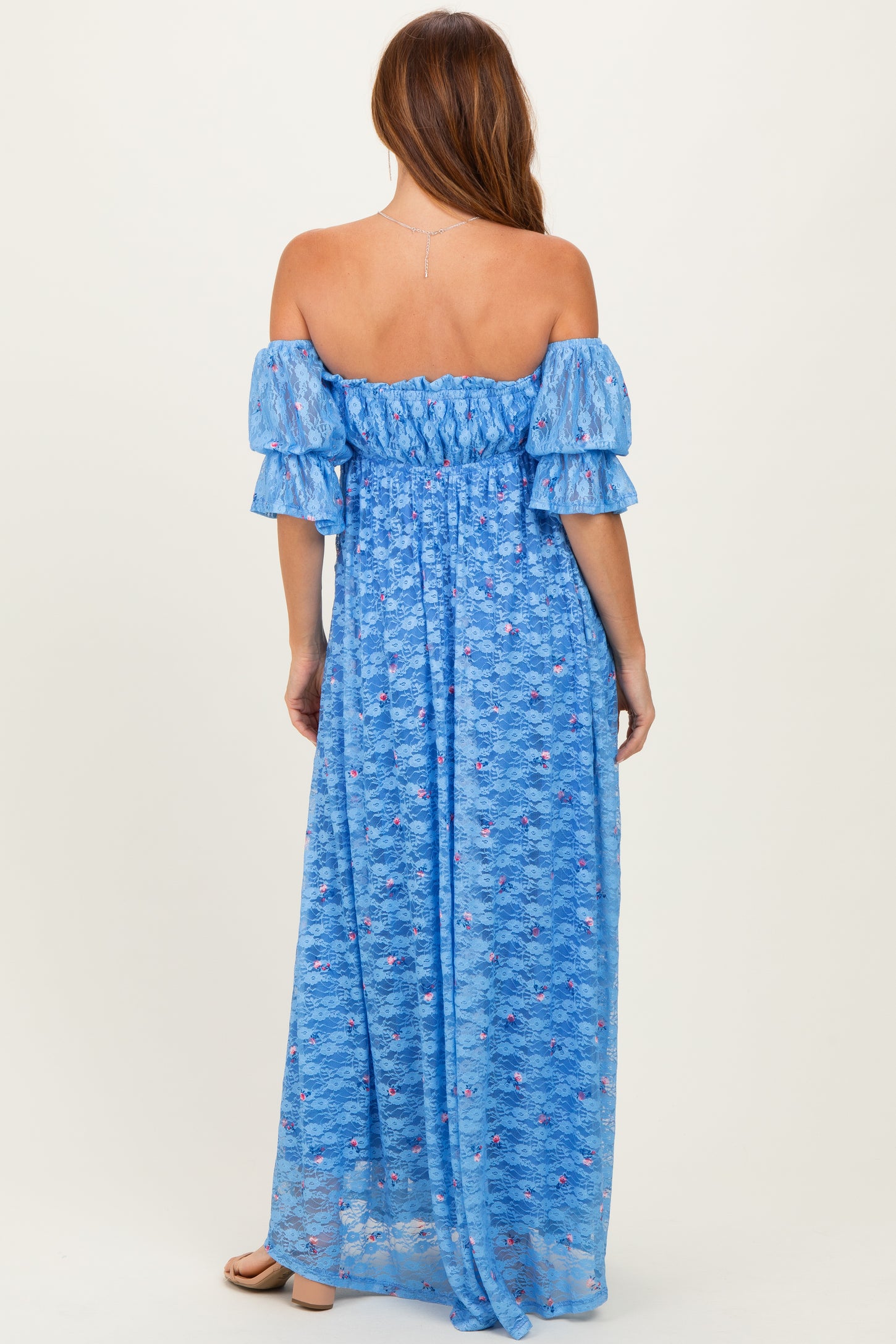 Blue Floral Lace Off Shoulder Ruffe Sleeve Maxi Dress