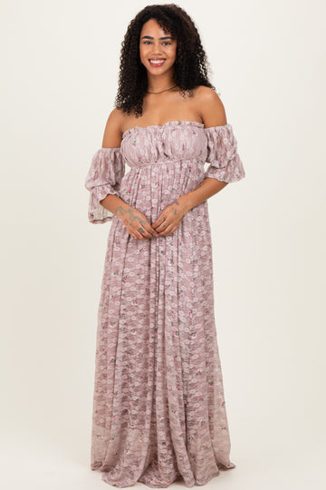 Taupe Floral Lace Off Shoulder Ruffle Sleeve Maxi Dress