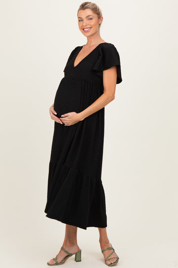 Black Textured Ruffle Hem Maternity Maxi Dress