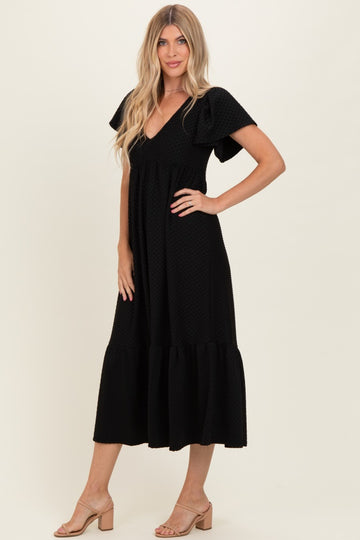 Black Textured Ruffle Hem Maxi Dress