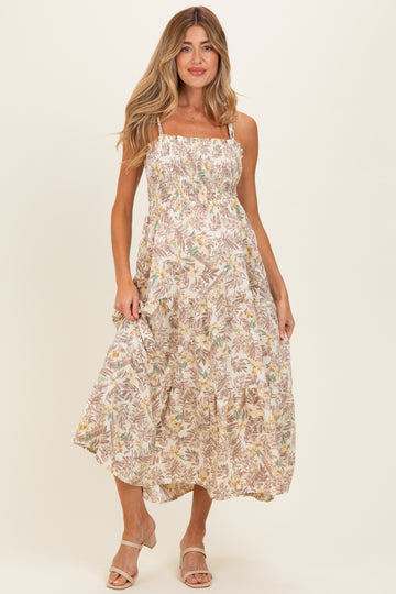 Ivory/ Mustard Vintage Floral Sleeveless Tiered Maternity Maxi Dress