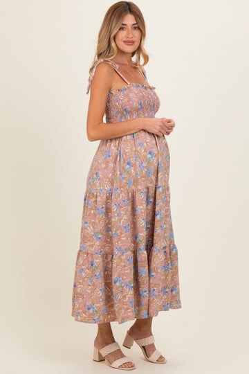 Mauve/ Blue Vintage Floral Sleeveless Tiered Maternity Maxi Dress