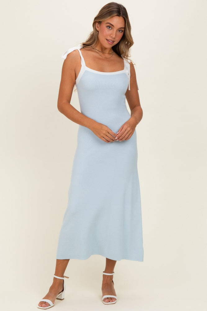 Light Blue Knit Contrast Shoulder Tie Dress