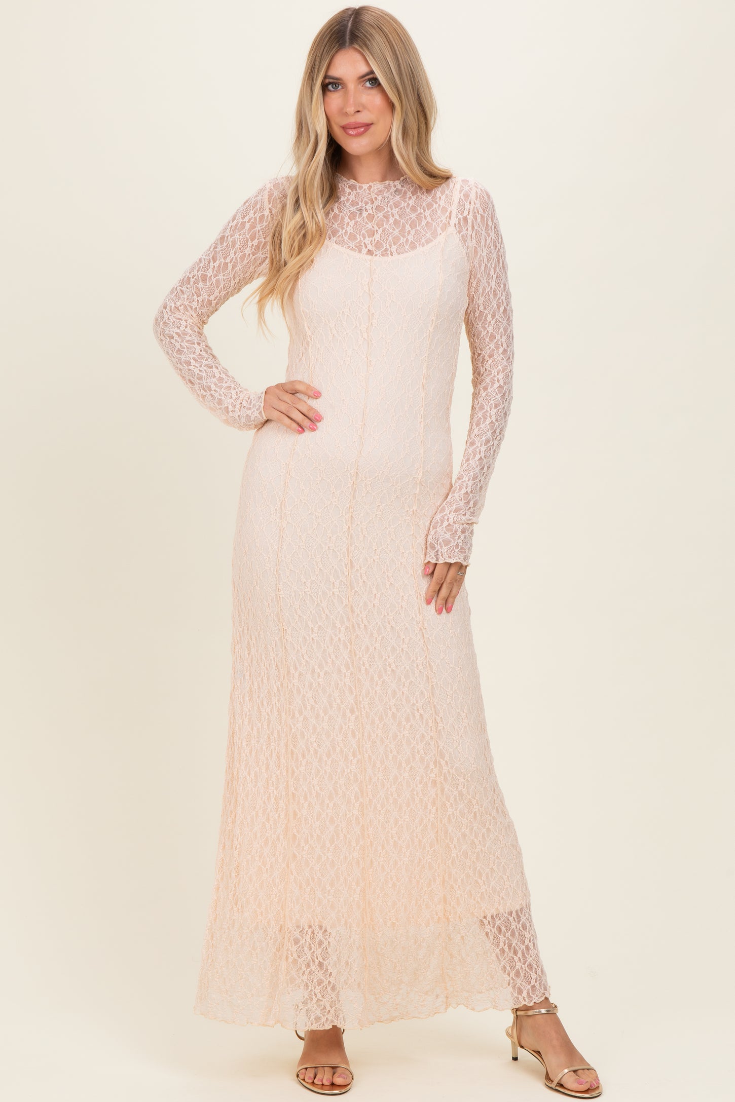 Beige Lace Mock Neck Long Sleeve Maxi Dress