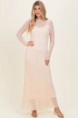 Beige Lace Mock Neck Long Sleeve Maxi Dress