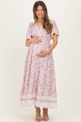 Lavender Floral Lace Trim Flutter Sleeve Maternity Maxi Dress