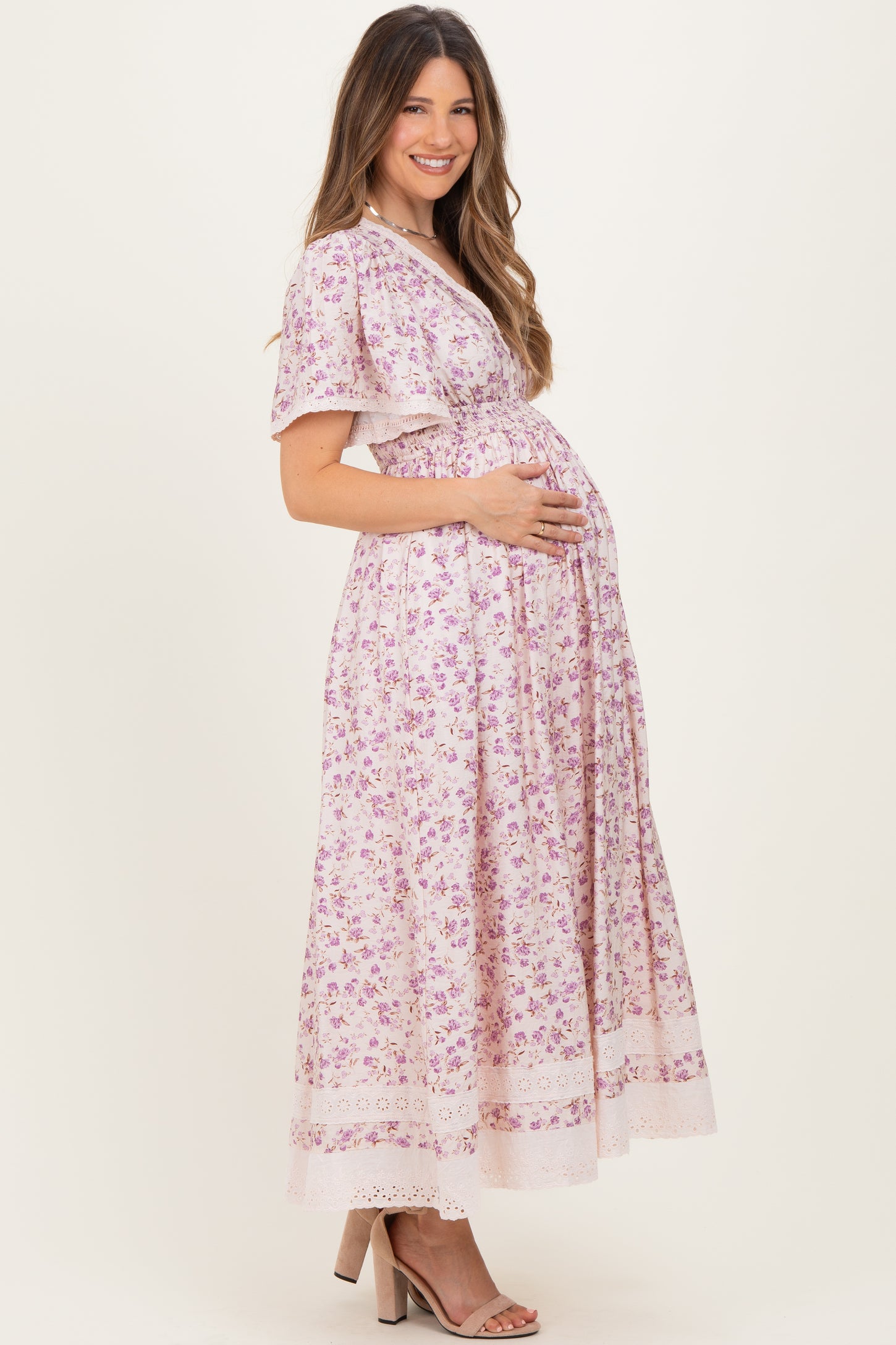 Lavender Floral Lace Trim Flutter Sleeve Maternity Maxi Dress