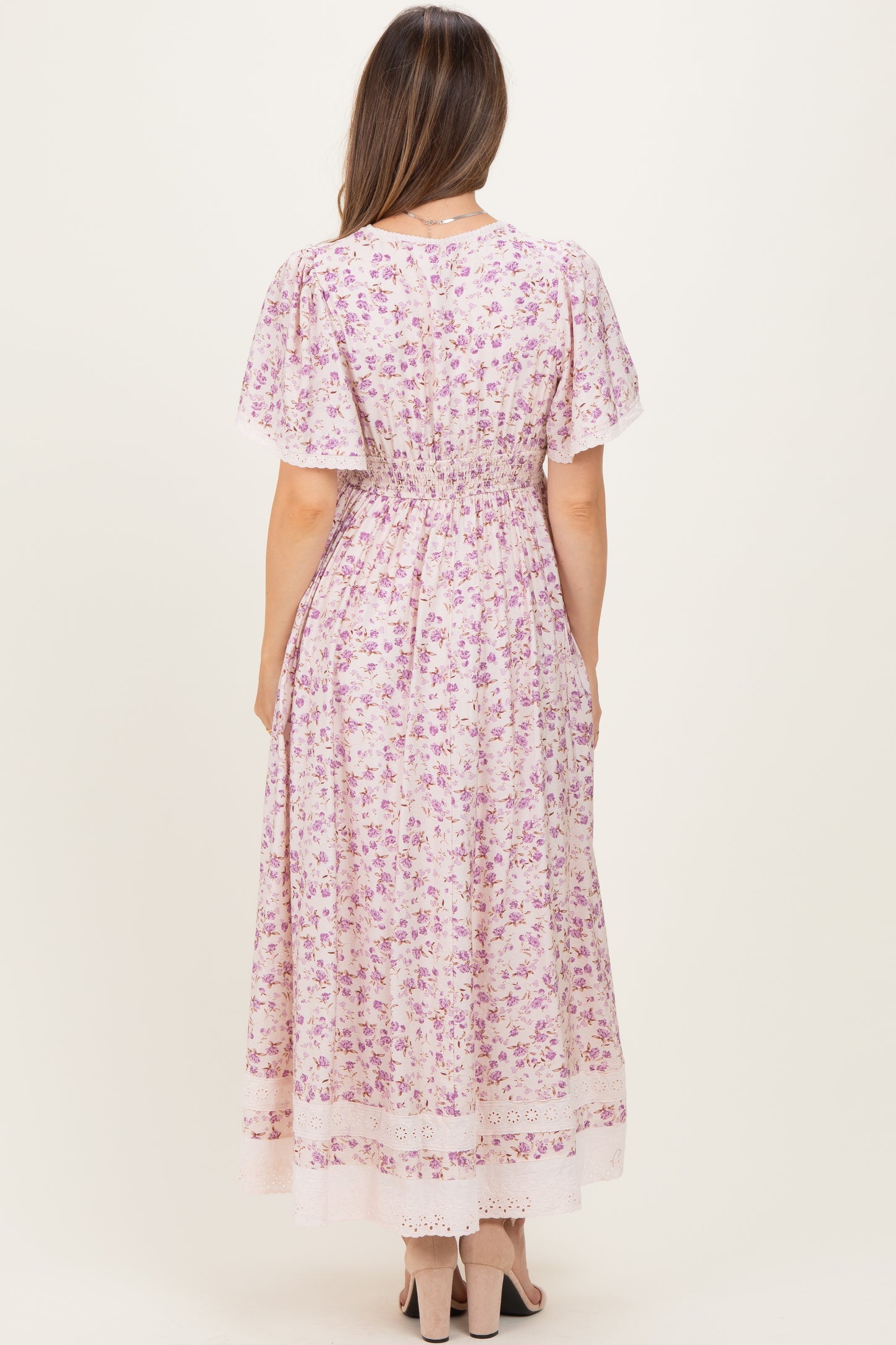 Lavender Floral Lace Trim Flutter Sleeve Maternity Maxi Dress