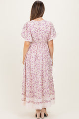 Lavender Floral Lace Trim Flutter Sleeve Maternity Maxi Dress