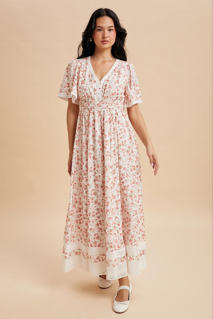 Pink Floral Lace Trim Flutter Sleeve Maxi Dress
