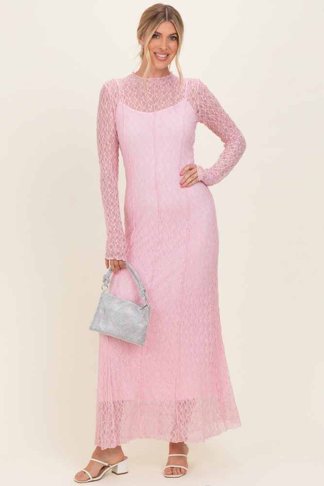 Light Pink Lace Mock Neck Long Sleeve Maxi Dress