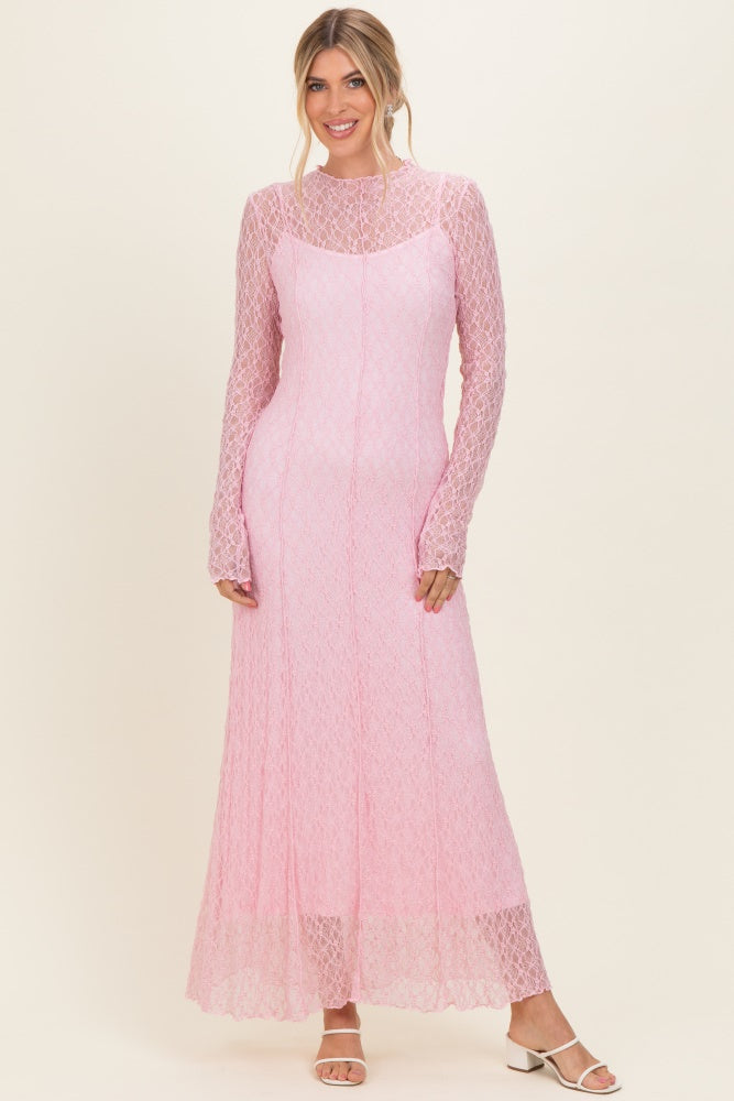Light Pink Lace Mock Neck Long Sleeve Maxi Dress