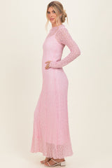 Light Pink Lace Mock Neck Long Sleeve Maxi Dress