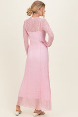 Light Pink Lace Mock Neck Long Sleeve Maxi Dress