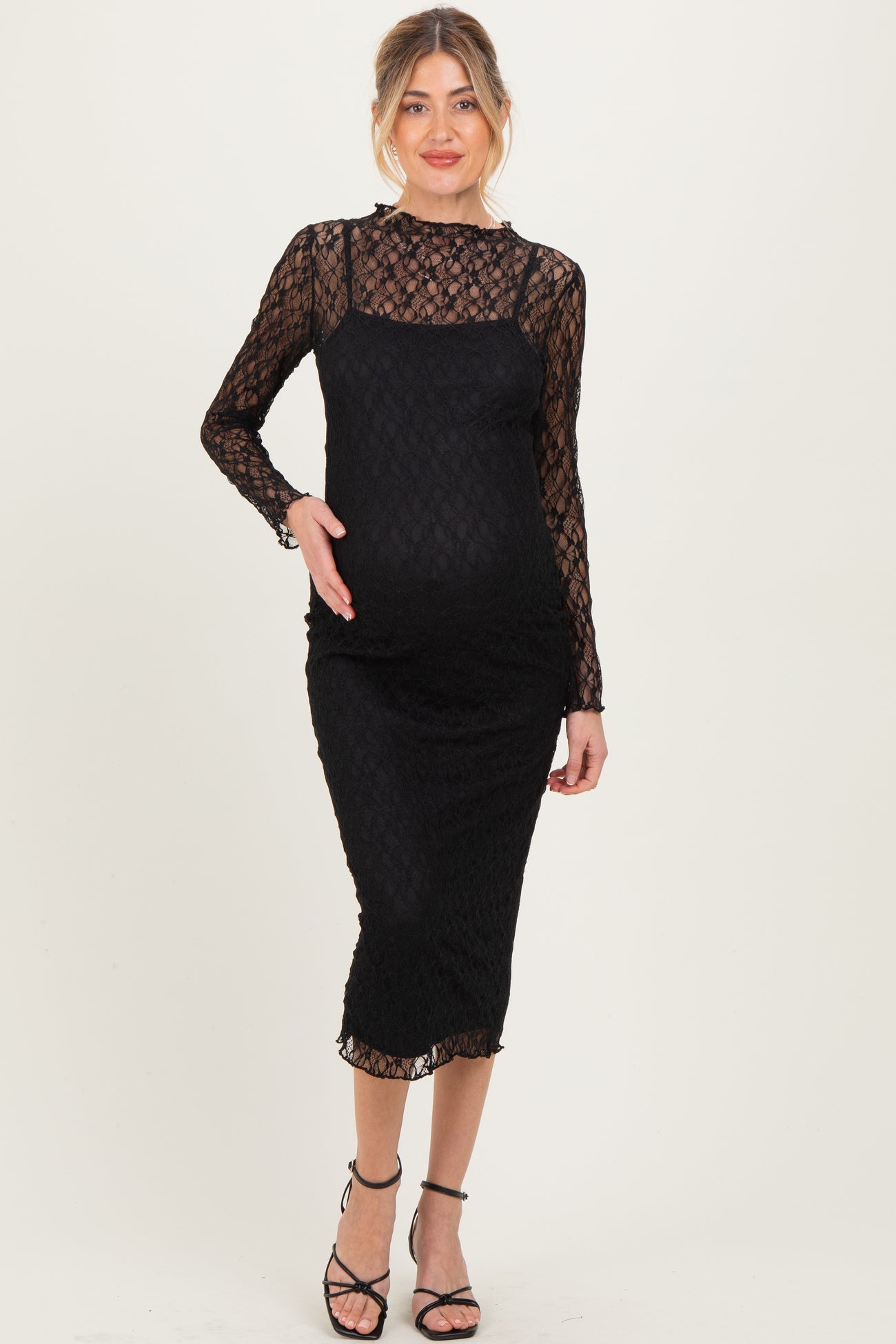 Black Lace Overlay Fitted Maternity Midi Dress