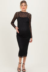 Black Lace Overlay Fitted Maternity Midi Dress