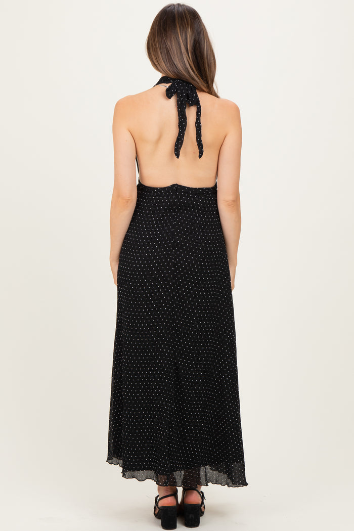 Black Polka Dot Halter Tie Open Back Maternity Maxi Dress