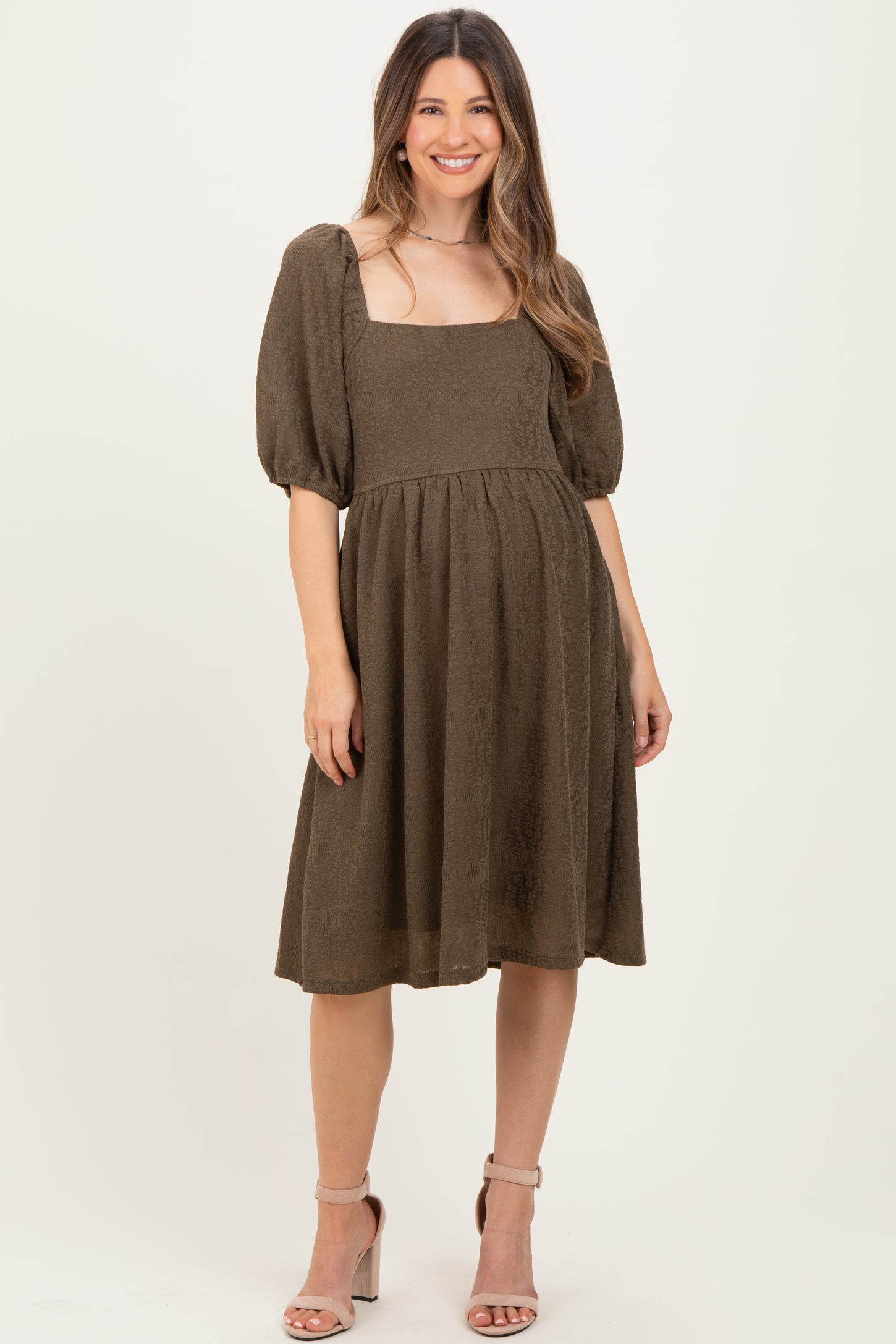 Olive Lace Jacquard Puff Sleeve Maternity Dress