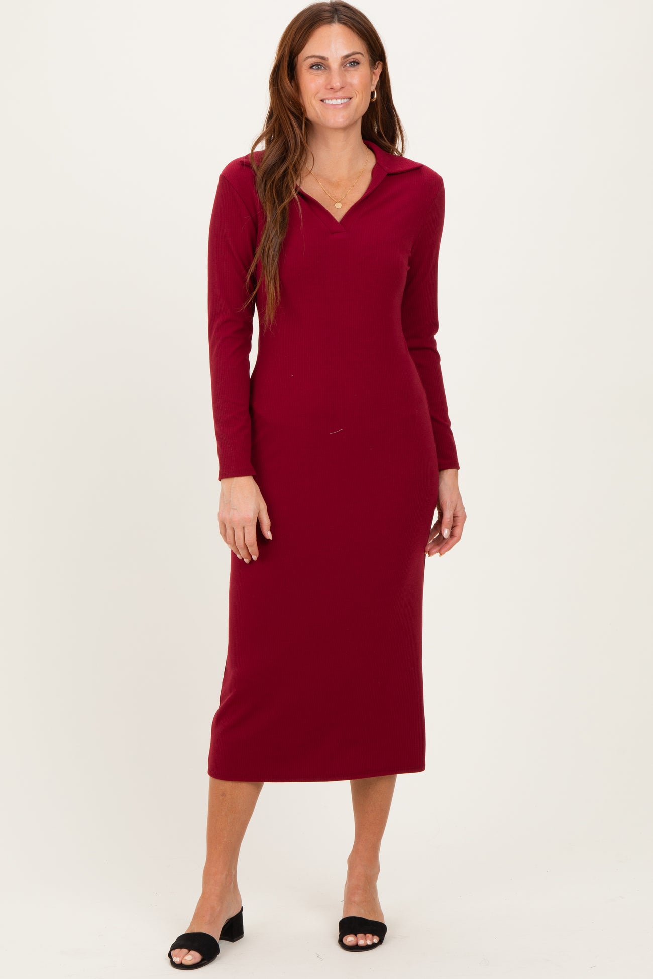 Red Ribbed Collared Long Sleeve Midi Dress