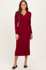 Red Ribbed Collared Long Sleeve Midi Dress