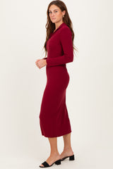 Red Ribbed Collared Long Sleeve Midi Dress