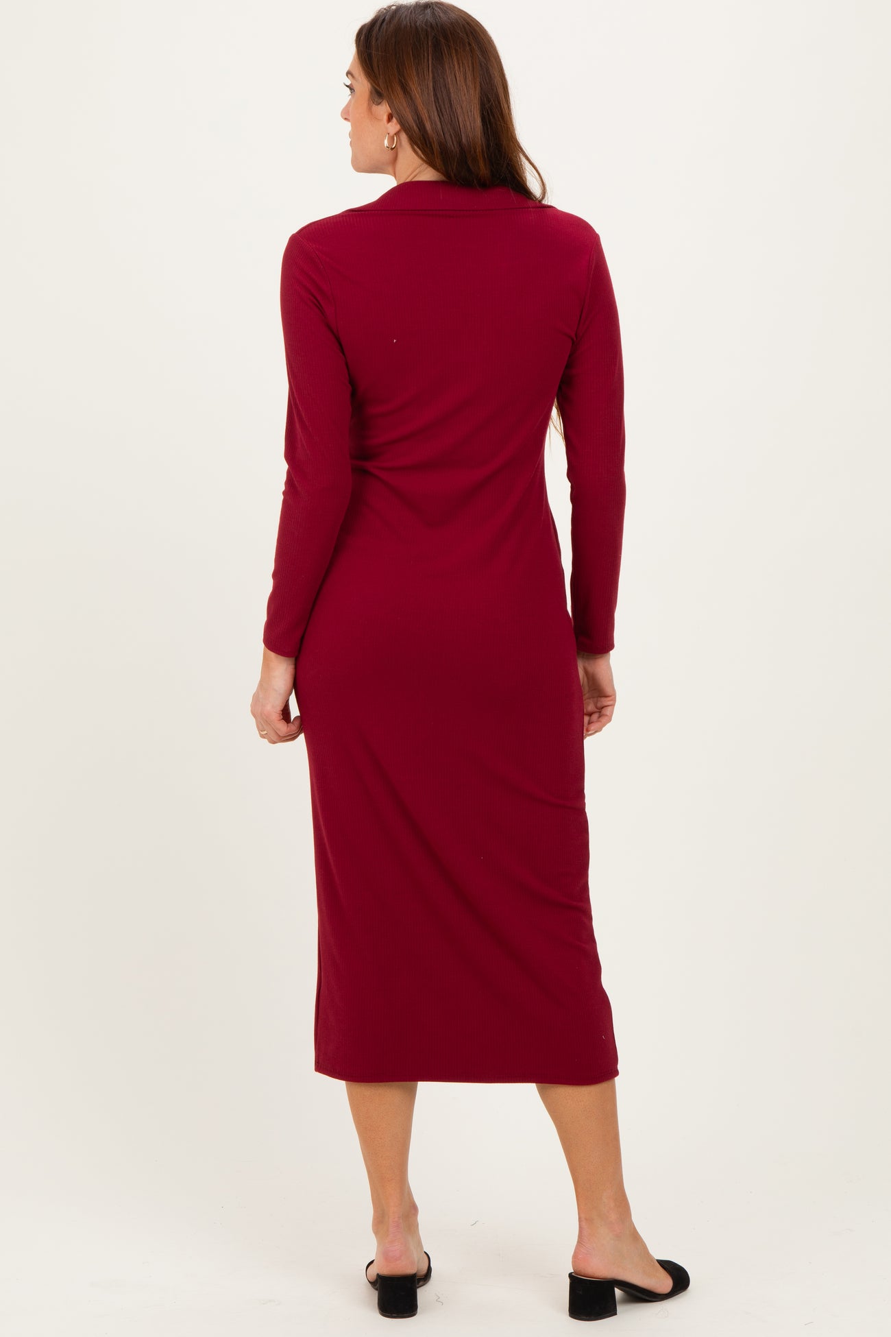 Red Ribbed Collared Long Sleeve Midi Dress
