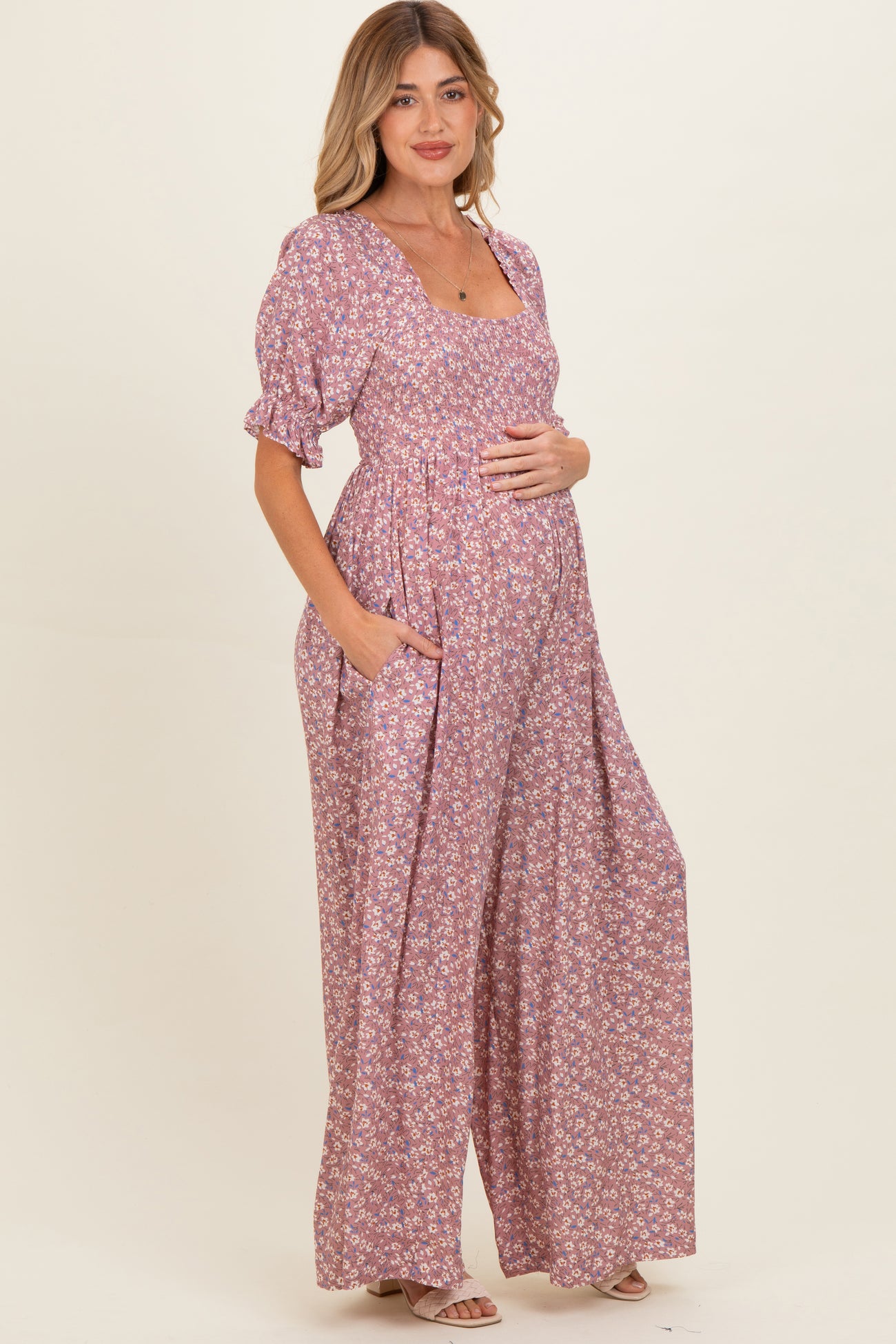 Dusty Pink Floral Wide Leg Maternity Jumpsuit
