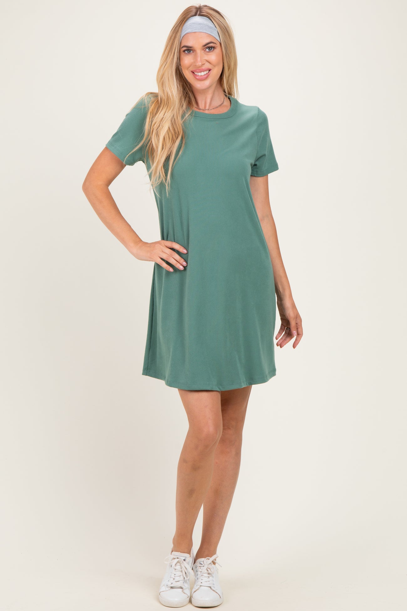 Olive Ribbed Knit Basic Short Sleeve Maternity T-Shirt Dress